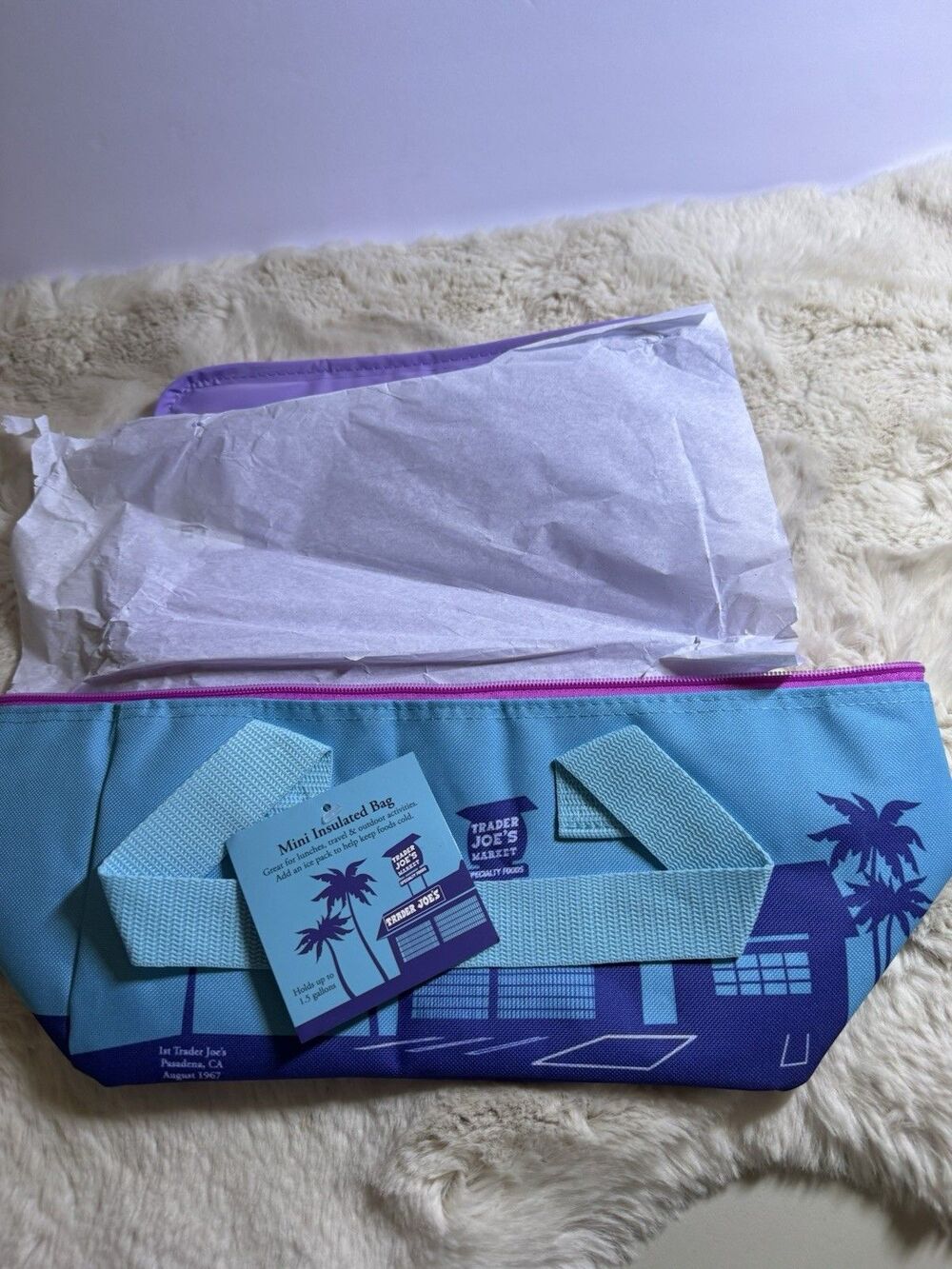 Trader Joe’s 2026 Mini Insulated Tote Purple Aqua blue New Viral Summer Van Palm